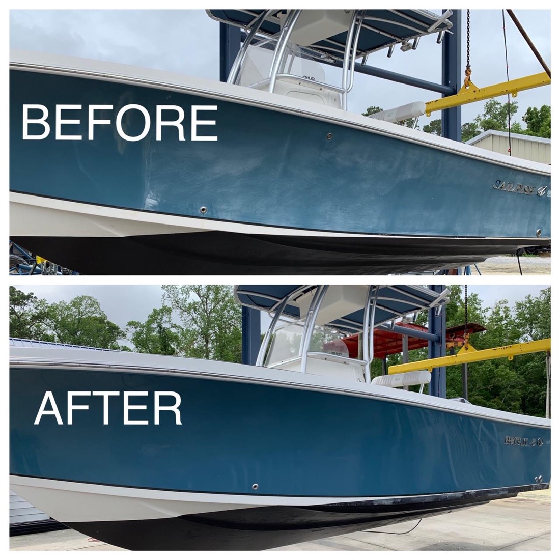 Boat hull before and after oxidation removal
